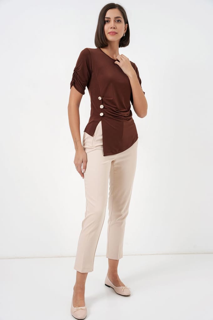 Ronde Hals Geplooide Blouse