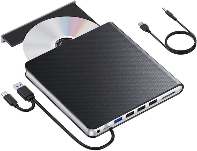 DrPhone DW13 - Externe 1080P CD/DVD Drive 6-in-1 USB 3.0 & USB-C met SD/Micro Kaartlezer – Windows / Mac / Linux - Zwart