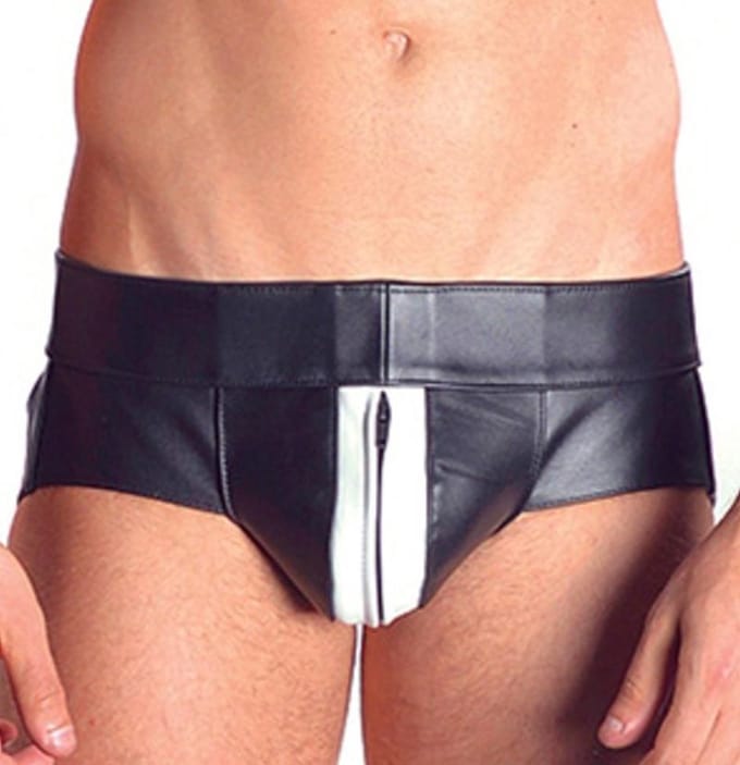 Mister B - leren power Jock Strap Zwart met wtite bies - xl