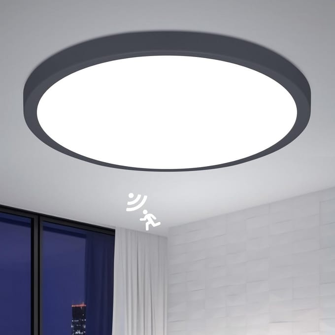 Ronde Zwarte LED Plafondlamp met Radar Bewegingssensor & Schemersensor - Dimbaar Wit Licht Ø30cm