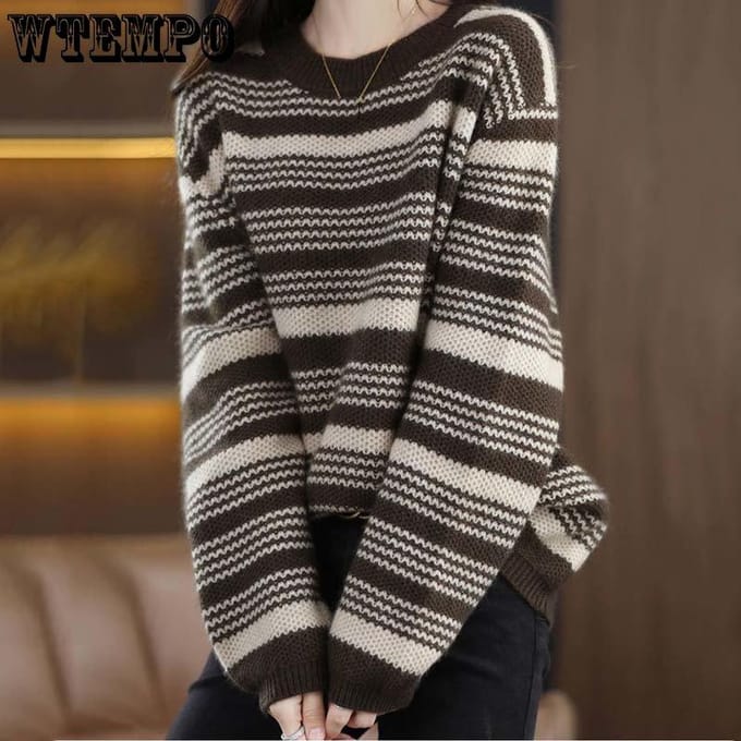 Pulls rayés pour femmes, pulls tricotés, chemises à bascule, col rond, ample, couleur d'épissure, pulls Harajuku XL marron
