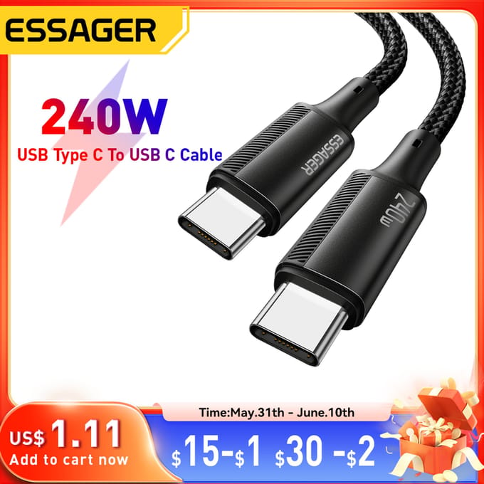 Essager Usb Type C Naar Usb C Kabel Voor Iphone 15 240W Pd 5a Snellader Kabel Voor Macbook Huawei Samsung Type-C Kabel