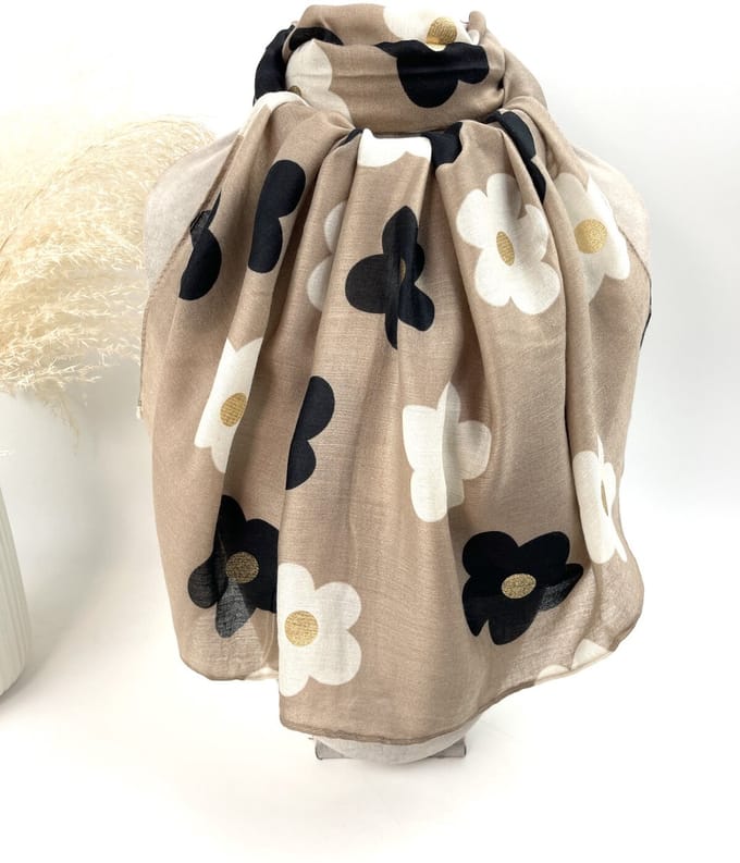 Lange dames sjaal Lore-gebloemd motief-taupe bruin wit goud zwart