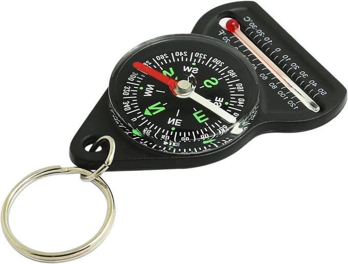 Draagbaar Kompas - Sleutelhanger Kompas - Buiten Navigeren - Met Thermometer - 9 cm Lengte - Zwart