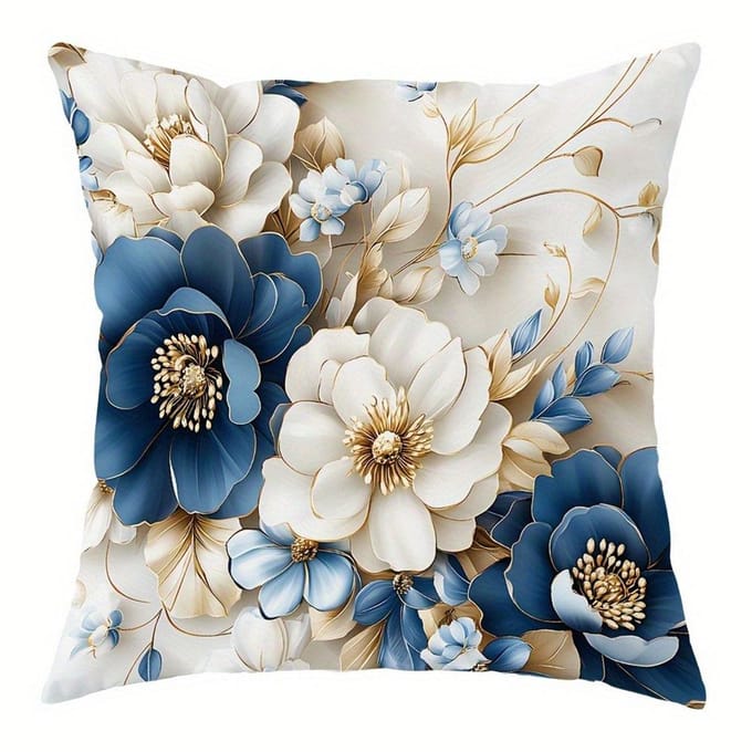 Bleu Blanc Or Floral Motif Luxe Léger Décoration Intérieure Housse de Coussin Salon Canapé Polyester Housse de Coussin avec Fermeture Éclair 50x50cm