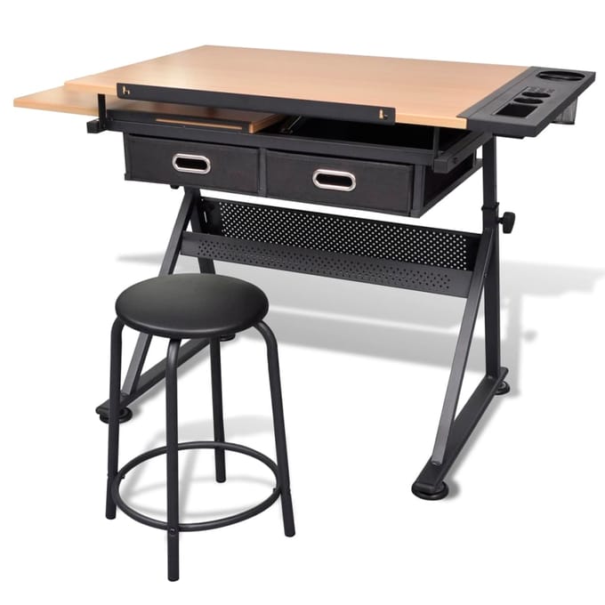 vidaXL - Tekentafel - met - 2 - lades - en - kruk