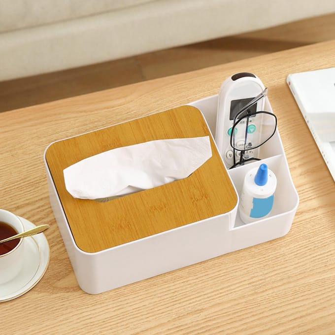 Multifunctionele Tissuebox Eenvoudig 2 Compartimenten Stevig PP Houten Plaat Rechthoekige Tissuebox Cover white