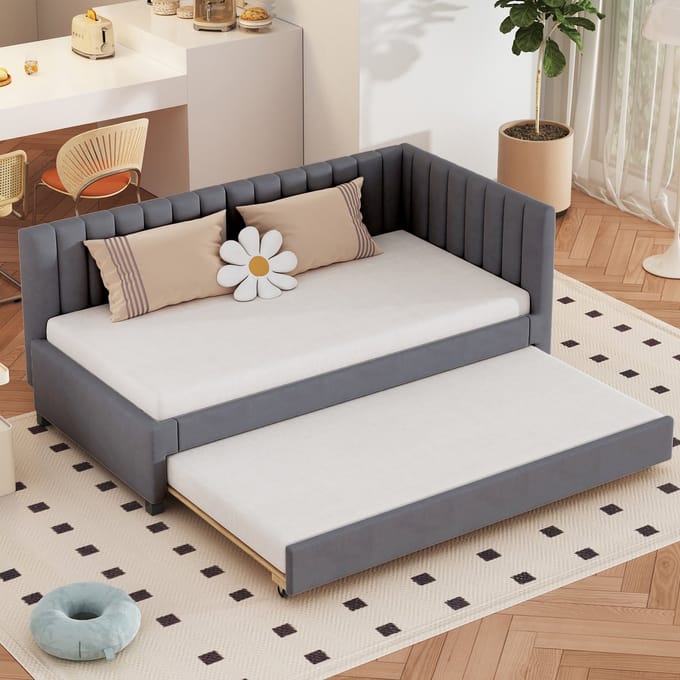 MODFU Bedframe 90x200 cm – gestoffeerd fluweel grijs – met uitschuifbed – Mid-Century Modern design