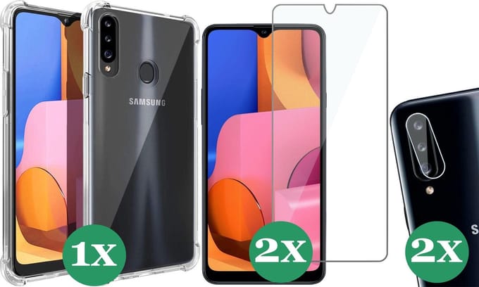 Hoesje geschikt voor Samsung Galaxy A20e - 2x Screenprotector Glas & 2x Camera Screen Protector - Transparant Shock Case