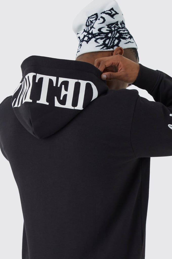 Oversized Zip Through Limited Graphic Hoodie | Black | Size Medium