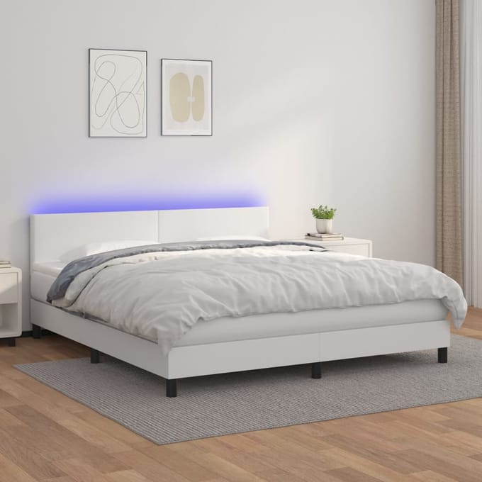 vidaXL - Boxspring - met - matras - en - LED - kunstleer - wit - 180x200 - cm