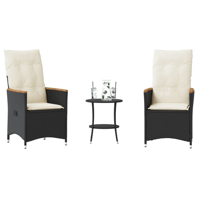 vidaXL - 3-delige - Bistroset - met - kussens - poly - rattan - zwart
