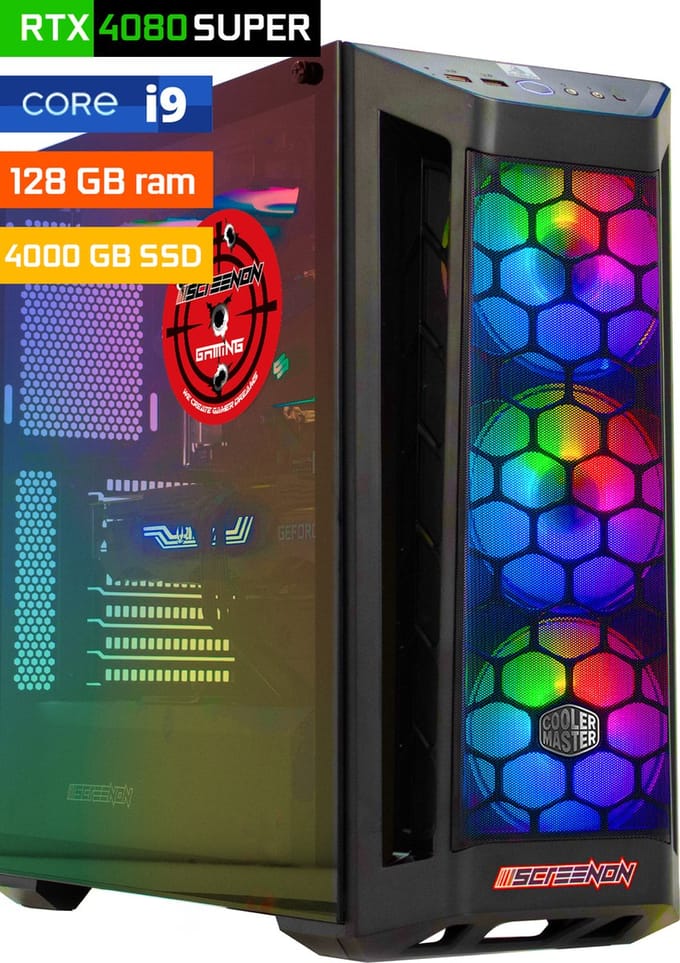 ScreenON - Game Computer / Gaming PC - Intel Core i9 - 4TB M.2 SSD - 128GB RAM - RTX 4080 Super - Windows 11