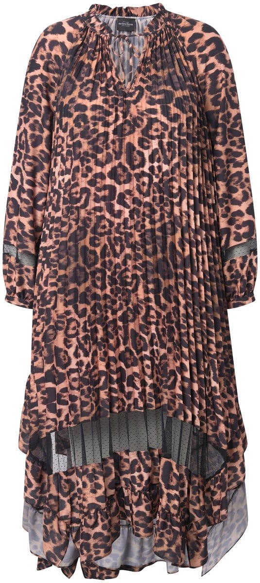 Ulla Popken - Dames - Geplooide jurk leodesign tuniekhals lange mouw - Dennenbruin - Maat 42+