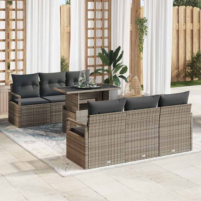 vidaXL Tuinbank Set met kussen met opslag 7 pcs Grijs Poly rattan
