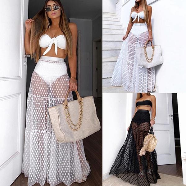 Transparante dames mesh pure maxirok polyester sexy hoge taille elastische taille XL zwart
