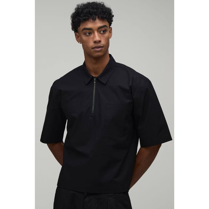 Oversized Boxy Shirt Met Kwart Rits En Korte Mouwen | Black | Size Small