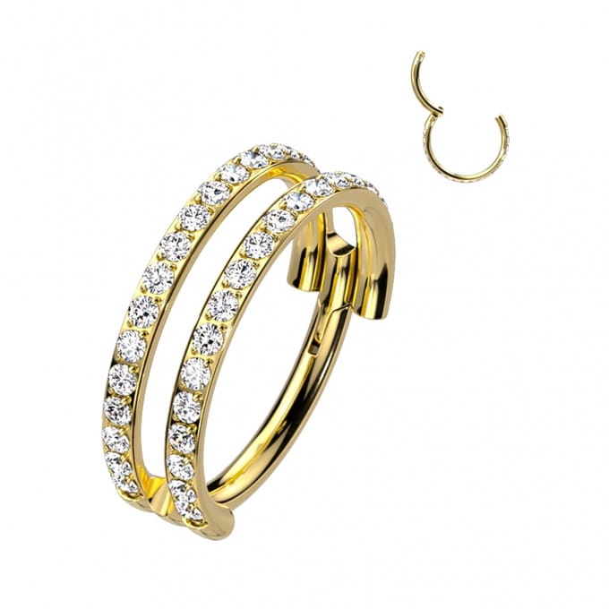 High Quality titanium clicker double lined gemmed 1.2x8 mm - goud - LMPiercings