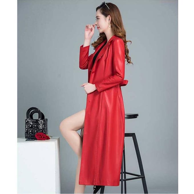 Herfst en Winter Middellange Leren Jas Koreaanse Stijl Slanke Mode Slanke Jas Dames Leren Windjack L red
