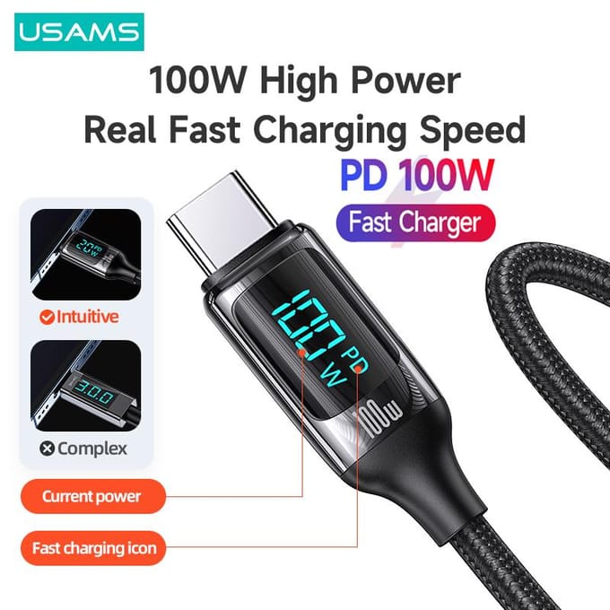 USAMS 100W USB C vers USB Type-C Câble de données de charge rapide Pour Huawei P30 Samsung Xiaomi Phone Data Line Accessoires de charge rapide 100W C To C - 1.2M noir