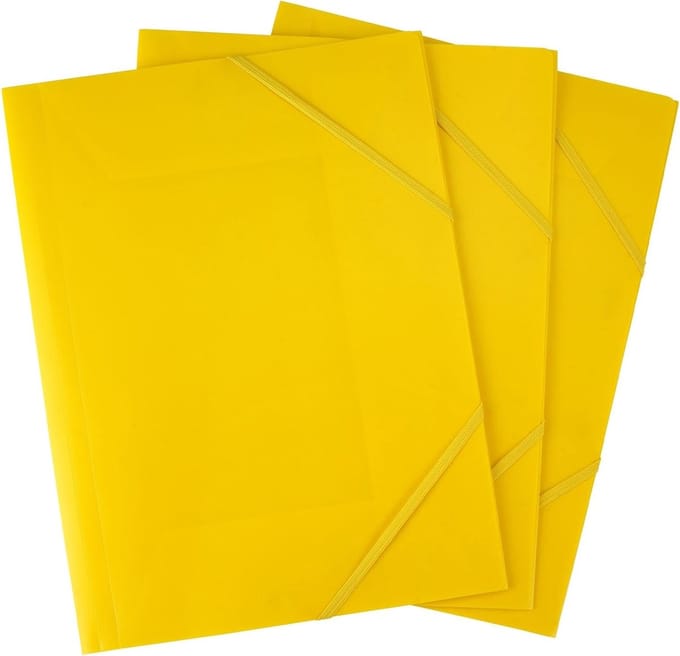 Drie Stuks Gele A4 Mailing Folders met Hoekbinding en Elastische Sluiting, Ideaal voor School en Kantoor, Sorteren en Organiseren van Documenten