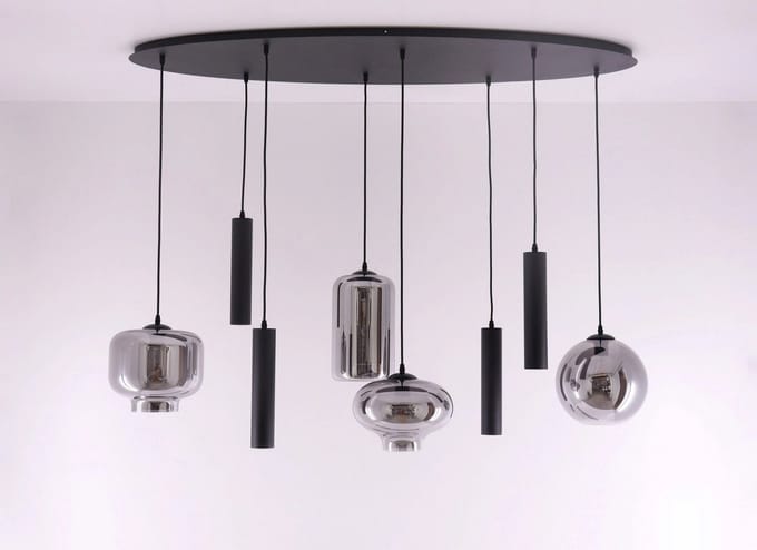 Hanglamp ovaal combi Smoke & Kokers gu10 - getint glas - 8lichts 140cm