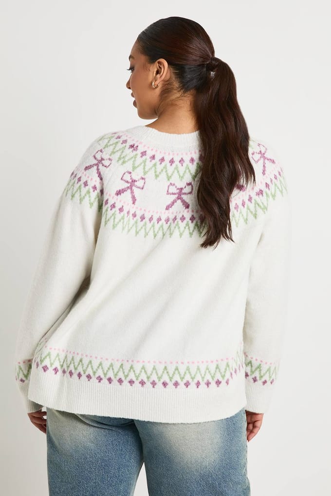 boohoo Dames Plus Bow Fairisle trui | Ivory | Maat: 16-18