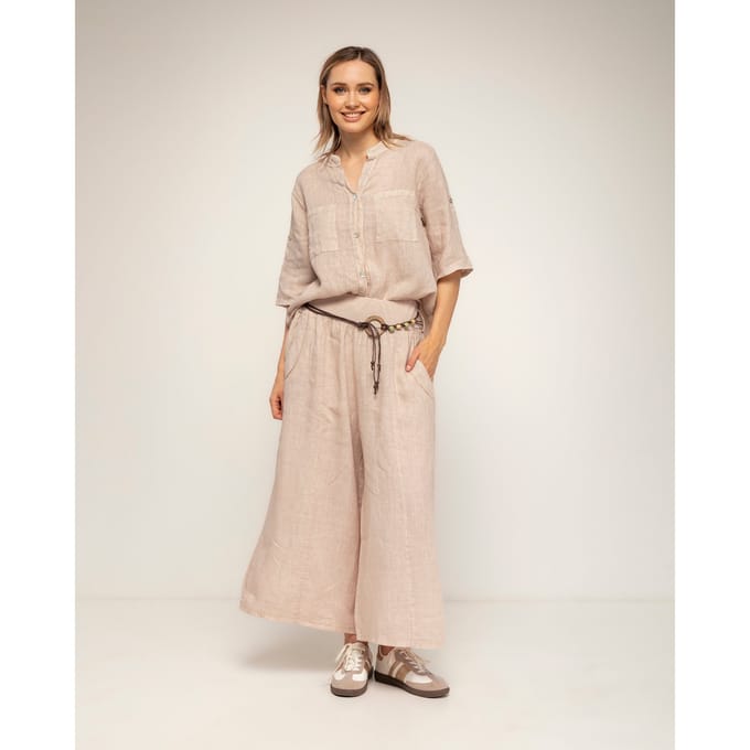 Wijde linnen pantalon met elastische taille en zakken