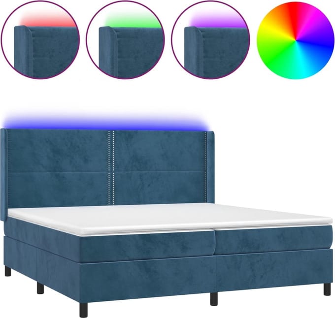 vidaXL - Boxspring - met - matras - en - LED - fluweel - donkerblauw - 200x200 - cm