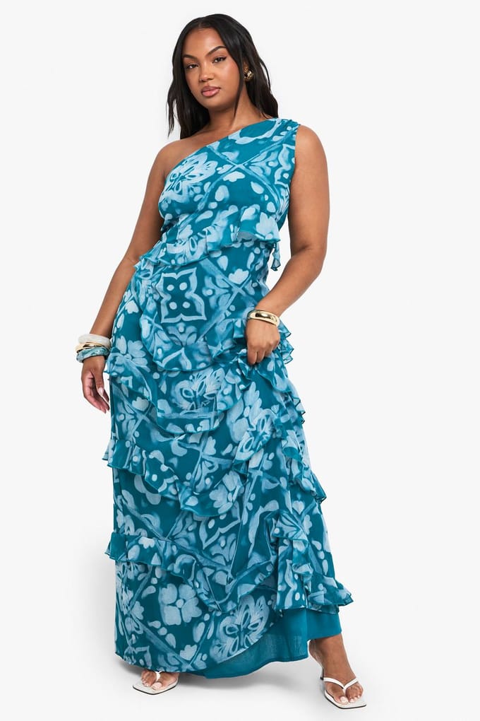 boohoo Dames Plus Tile Print Chiffon Asymmetrische Maxi-jurk | Blauw | Maat: 46