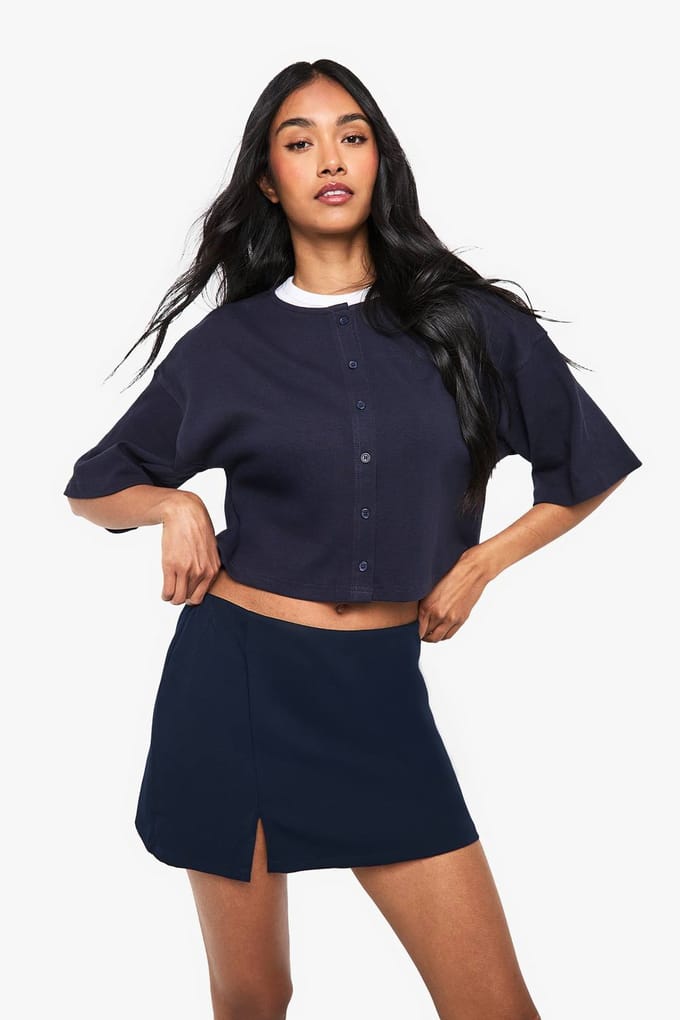 boohoo Dames Mini skort met gespleten zoom | Navy | Maat: 8