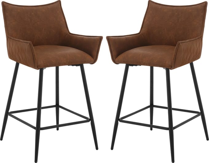 BukkitBow - Luxe Lederen Barkrukken - Met Armleuningen - Set van 2 Stuks (62CM Hoog) - Licht Bruin