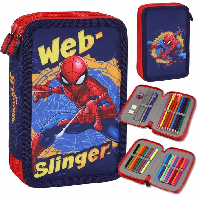 MARVEL Spider Man Etui met twee vakken MET SCHOOLARTIKELEN voor jongens VOOR SCHOOL - 32 elementen, 2 ritsen