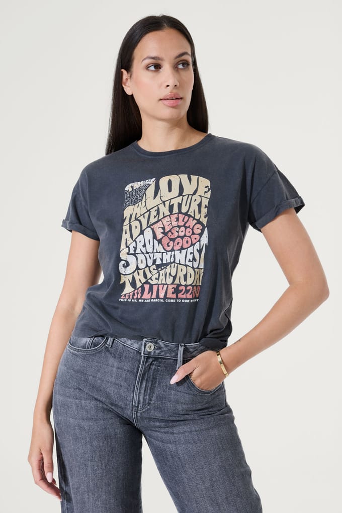GARCIA Dames Print T-shirt Grijs Korte mouw
