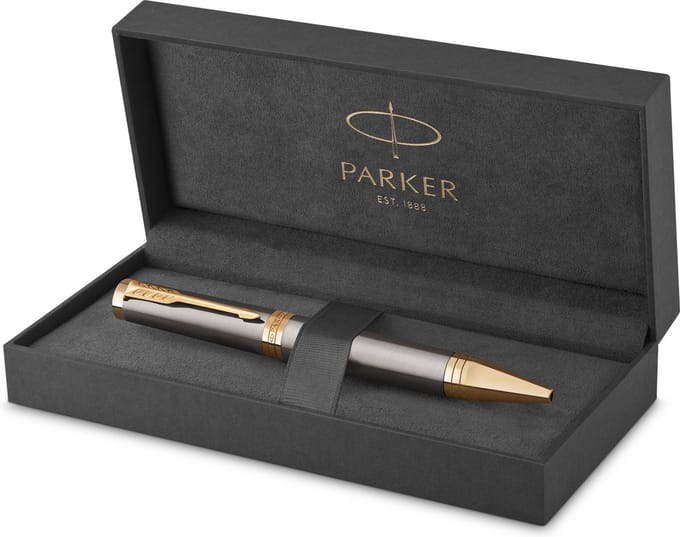 Parker Ingenuity Ballpoint Pen | Grey Lacquer with Gold Trims | Medium Point | Black Ink Refill | Gift Box