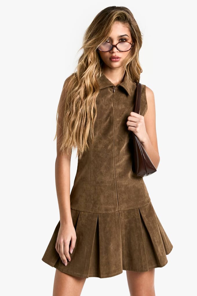 boohoo Dames Suede Tennis Rok Mini Jurk | Taupe | Maat: 18