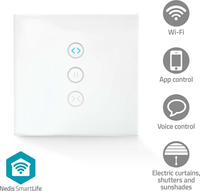 Nedis SmartLife Wandschakelaar - Gordijn / Sluiter / Zonnescherm - Muurmontage - 300 W - Android / IOS - Glas - Wit