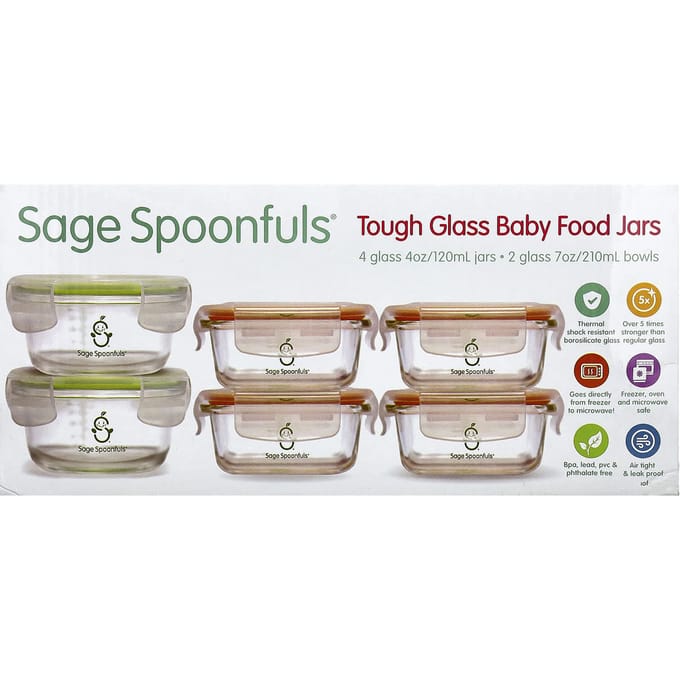 Sage Spoonfuls, Contenants Durables en Verre pour Alimentation Bébé, Lot de 4, Pack Combiné, Lot de 6 beige