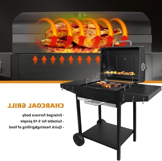 Houtskoolgrill met temperatuurregeling en 2 wielen - zwart