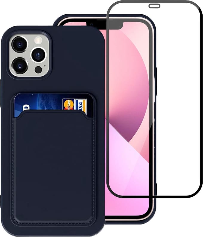 Geschikt voor iPhone 13 Mini Hoesje - Case Blauw + Screenprotector - Pasjeshouder - shockproof - Glas - Volledig Dekkend Beschermglas