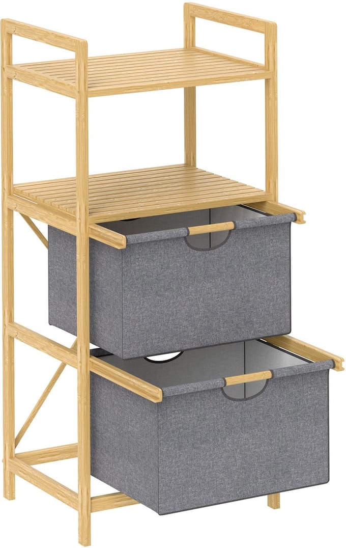 HOMCOM-Wäschekorb-Bambus, Polyester-44L x 34B x 96H cm-Naturholz
