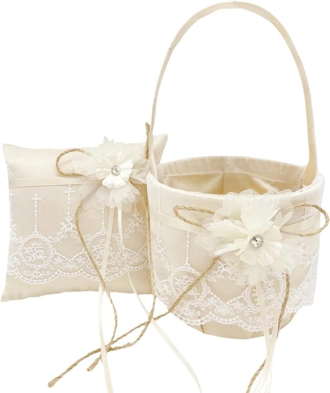 Bloemenmand Ringkussen Set - Bruiloft Accessoires - Bruiloft Decoratie - Elegante Champagne Kleur - 2 Delig - Champagne