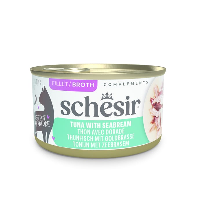 12x 70g Schesir Complements in Brühe Thunfisch mit Dorade Katzenfutter nass