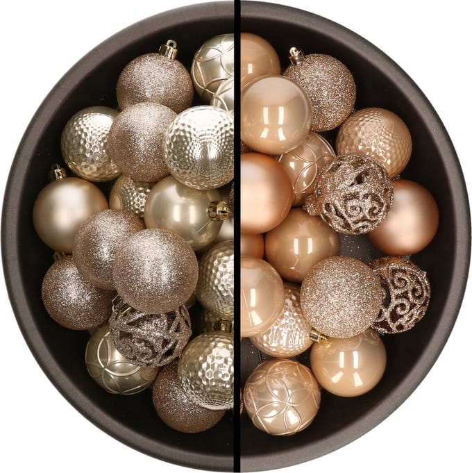Kerstballen - 74x stuks - champagne en lichtbruin - 6 cm - kunststof