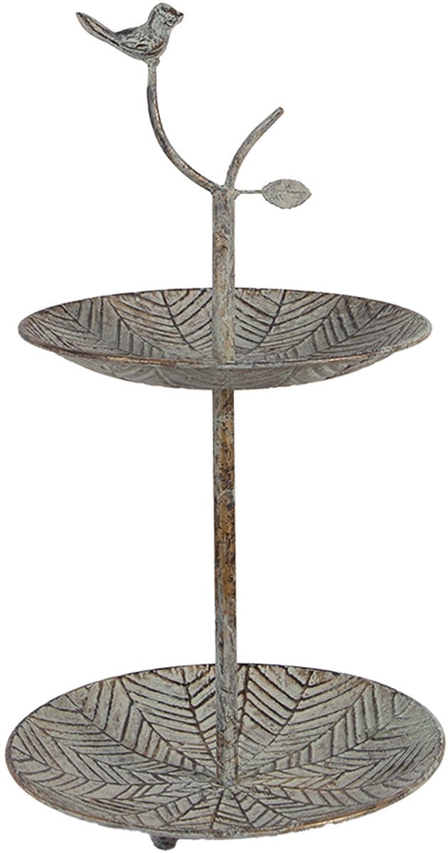 Clayre & Eef Etagère 2 laags Ø 26x48 cm Groen Bruin Metaal Vogel