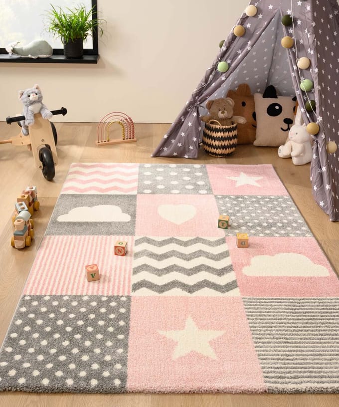 Kindervloerkleed blokken - Adventures roze/grijs 120x170