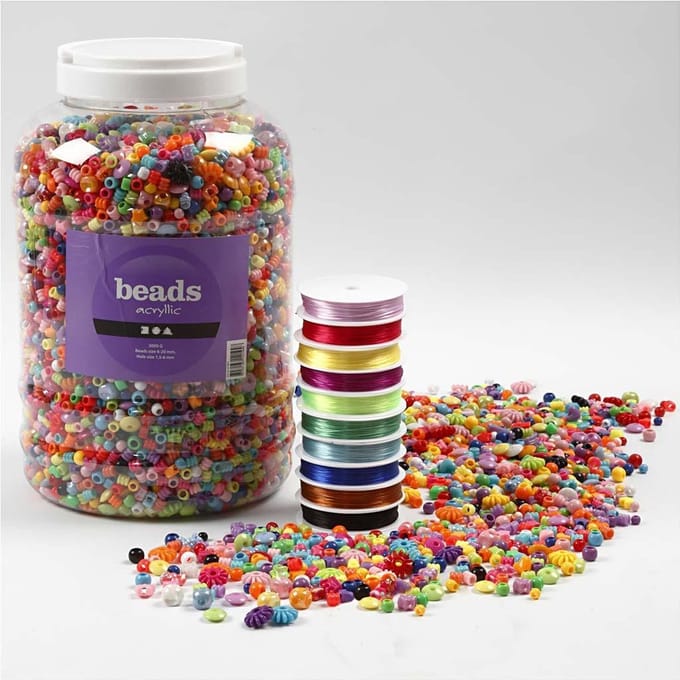 Plastic Kralen en Elastisch Koord, afm 6-20 mm, gatgrootte 1,5-6 mm, ca. 3000 gr, 1 doos