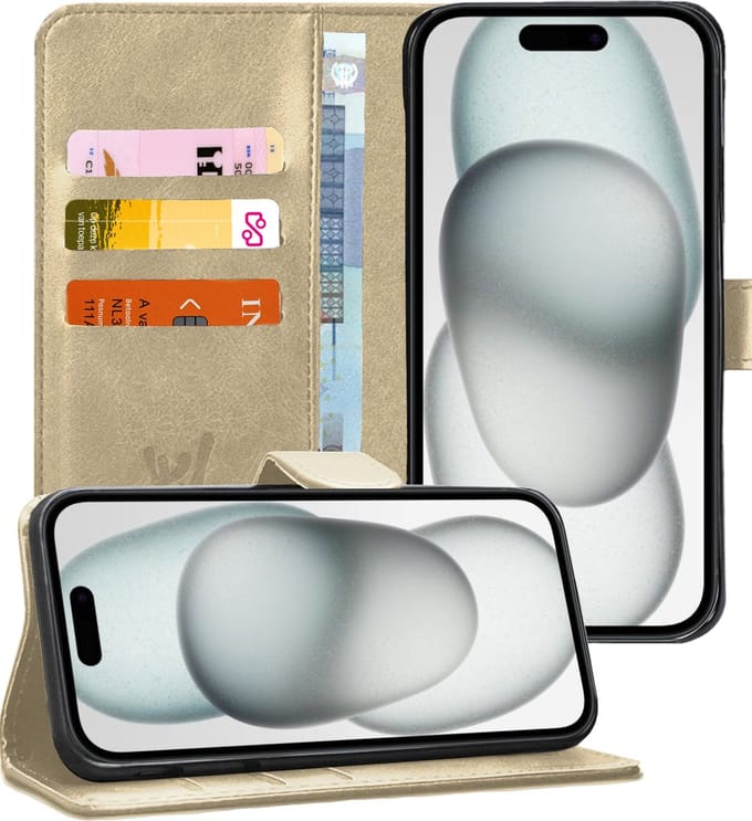 Hoesje geschikt voor iPhone 15 - Book Case Kunstleer Pasjeshouder Goud