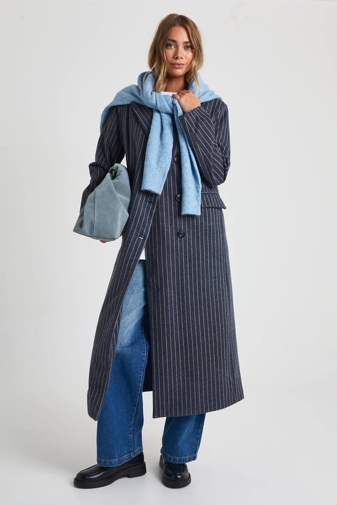 boohoo Dames Wollook Pinstripe Oversized Maxi Jas | Navy | Maat: 10