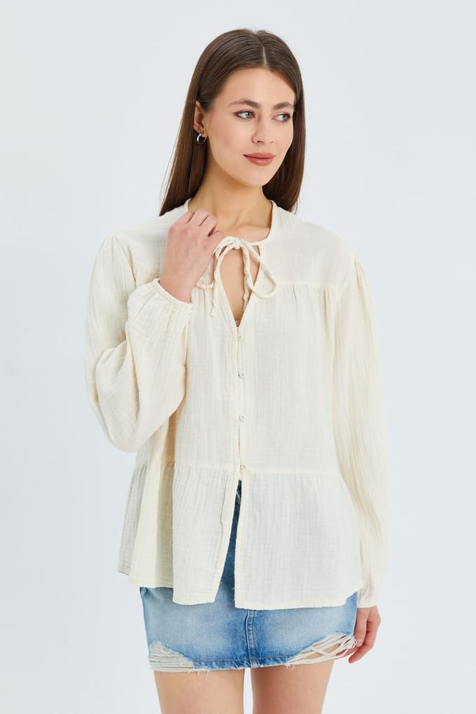 Lange Mouwen Losse Blouse met Strikhals
